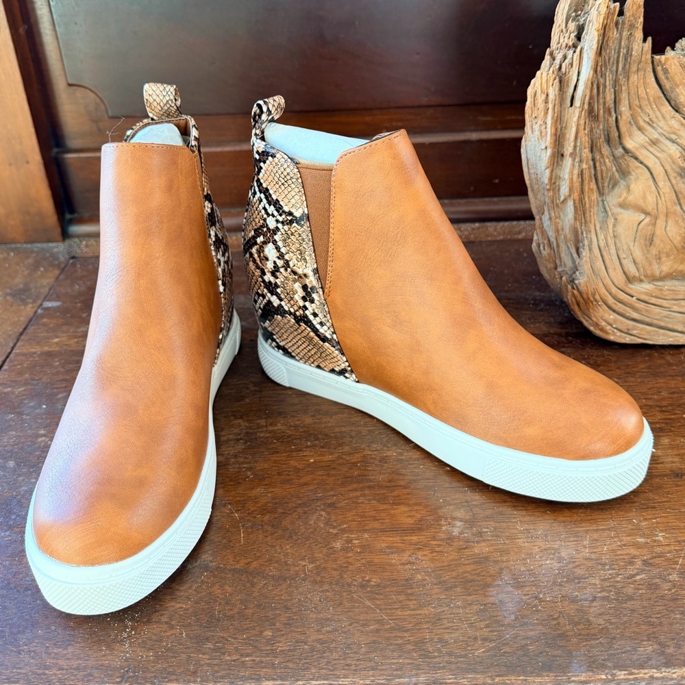 New! Tinstree Women's Tan Wedge Slip-On Ankle Booties with Snake-Print Accent